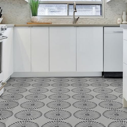 16-Sheet Peel and Stick Floor and Wall Tile, 9" x 9" Gray Stone Composite Self Adhesive Vinyl Flooring, Patterned Flower Groutable Backsplash Tile for Kitchen Bathroom Shower - color: Gray