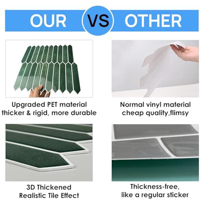 10-Sheet Peel and Stick Backsplash Tile, Self-Adhesive Green Long Hexagon Wall Tiles, Stick on Backsplash for Kitchen, Bathroom, Fireplace, RV, Thicker Design(12"×12"). - color: Green