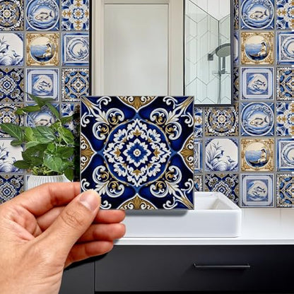 72 Pcs 9 Style Talavera Pattern Peel and Stick Wall Tile Sticker Mexican Pattern Wall Stickers Waterproof Self Adhesive Stick on Tile Decals for Kitchen Bathroom Art Decor, 4×4 Inch - style: Talavera Pattern