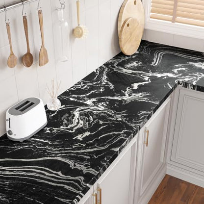 15.7''x315'' Black White Marble Wallpaper for Countertops Kitchen Thick Peel and Stick Faux Marble Stickers Flowing Natural Linear Veining Thick Wallpaper for Cabinets Countertops Table Room - size: 15.7" x 315"