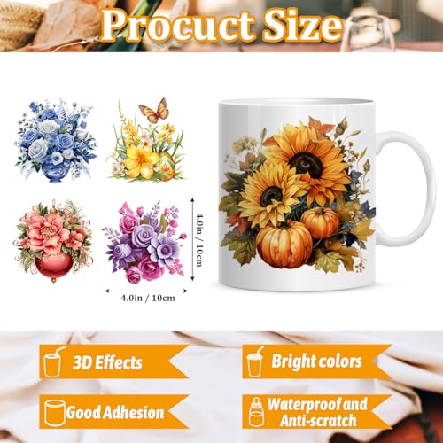UV DTF Cup Wraps for 16 oz Glass Cups- 20 Sheets Flower Uvdtf Cup Wraps Vinyl Decals for Tumblers, Rub on Transfers for Crafts, Cold Transfer Stickers for Bookmarks, Wood Furniture, Water Bottles - style: Flower