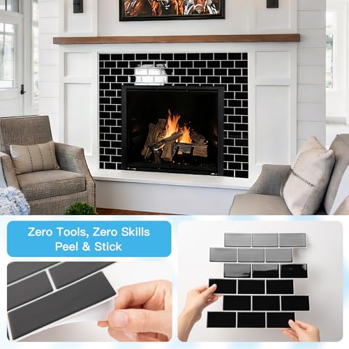 Art3d 10-Pack Subway Peel and Stick Backsplash, Black with Silver Grout - color: Black With Silver Grout