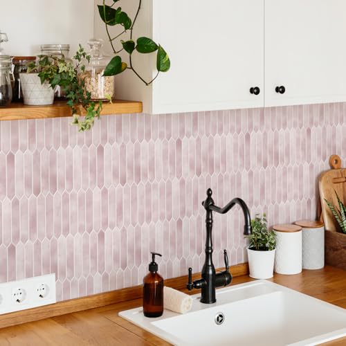 10 Sheets Thicker Peel and Stick Backsplash, 12"x12" Peel and Stick Wall Tiles, Hexagon Look Tiles Backsplash for Kitchen and Bathroom, Pink - color: Pink