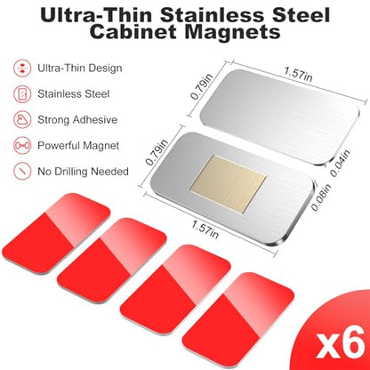 PHIXBEAR 6 Pack No Drill Magnetic Cabinet Catches, Ultra Thin Stainless Steel with Strong Adhesive for Kitchen, Bathroom, Closet, RV Door Closing - color: Silver