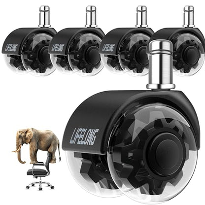 Lifelong Dual Office Chair Wheels Replacement, Heavy Duty, 5-Pack Fits 98% - color: Clear & Black, size: 2 Inch
