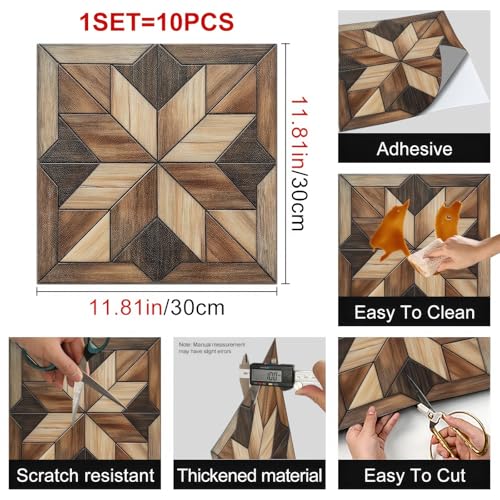 HOMETITUTE Wood Geometric Pattern Peel and Stick Tile Art Deco, 12"x12" - color: Brown
