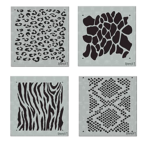 Animal Print 4 Pack Stencil Set - Contains: Zebra Stripes, Leopard Spots, Giraffe, Snakeskin. Each Stencil Measures 5.75” x 6” and is Laser Cut Mylar Designed by Stencil1 - color: Animal Print 4 Pack Stencil Set