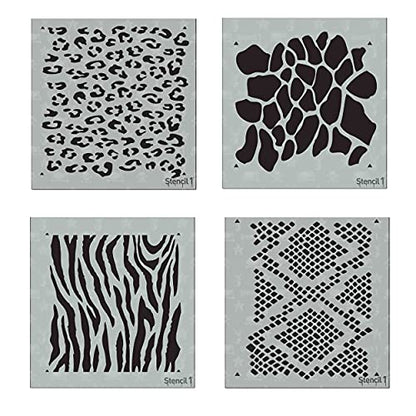 Animal Print 4 Pack Stencil Set - Contains: Zebra Stripes, Leopard Spots, Giraffe, Snakeskin. Each Stencil Measures 5.75” x 6” and is Laser Cut Mylar Designed by Stencil1 - color: Animal Print 4 Pack Stencil Set