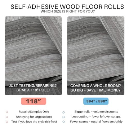 Woodgrain Vinyl Floor Roll, 11.8" x 118", Quick‑Apply Peel & Stick - color: Grey, size: 118"*11.8"