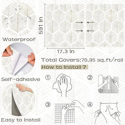 OSECAGE Geometric Peel and Stick Wallpaper Boho Contact Paper 17.3''×591'' - color: Beige, size: 17.3" x 591"