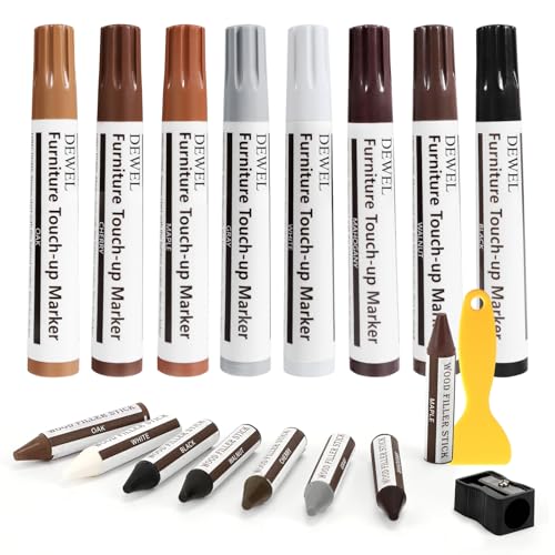 DEWEL Furniture Markers Touch Up, 17 Pcs Wood Scratch Repair Kit, Upgrade Wood Furniture Repair Markers and Wax Sticks for Stains, Scratches, Wood Floors, Tables, Bedposts - color: 8 Color