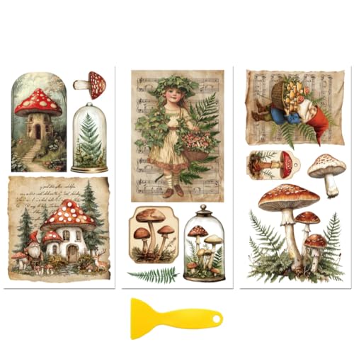 Peacoblue Mushrooms with Gnomes Rub On Transfers for Furniture 6"x12" - style: Vintage Mushrooms with Gnomes