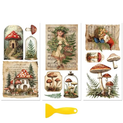 Peacoblue Mushrooms with Gnomes Rub On Transfers for Furniture 6"x12" - style: Vintage Mushrooms with Gnomes