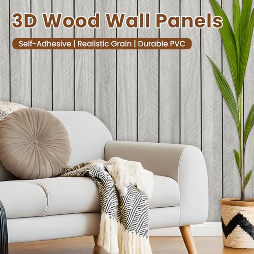 Thick Peel and Stick Slat Wall Panel Self-Adhesive 3D Wood Grain Light Gray