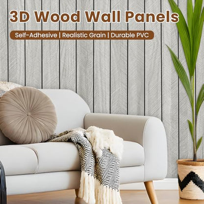 Thick Peel and Stick Slat Wall Panel Self-Adhesive 3D Wood Grain Light Gray