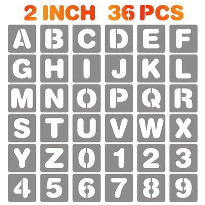 BAMIDELE 2 Inch Letter and Number Stencils, 36 Pcs Reusable Plastic Alphabet Spray Paint Stencils for Painting on Wood, Wall, Fabric, Rock, Chalkboard, Door Porch, Signage, DIY Craft Decoration - size: 2 Inch