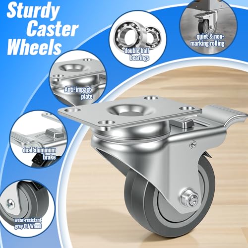 3 Inch Swivel Casters Set of 4 with 2 Brake, Heavy Duty Grey Polyurethane Wheels, 360-Degree Silent Smooth Rotation, 880 lbs Capacity 4-Pack for Carts, Industrial Equipments, Workbench - style: 3 Inch