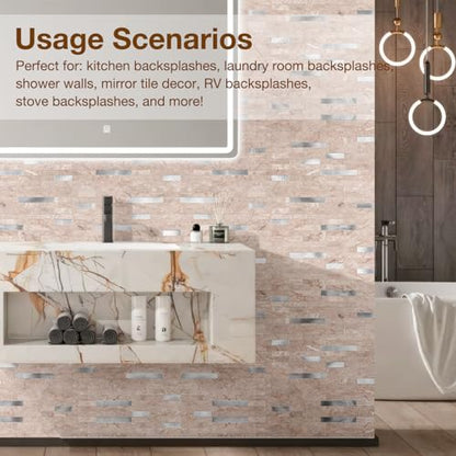 Peel and Stick Backsplash Tile Waterproof Removable PVC Wall Sticker 3D Faux Stone Marble Brick White Accent Panels (Pink Marble - Metal Silver, 40 Tiles - 18 sq. ft. (1.68 m²)) - color: Pink Marble - Metal Silver, size: 40 Tiles - 18 sq. ft. (1.68 m²)