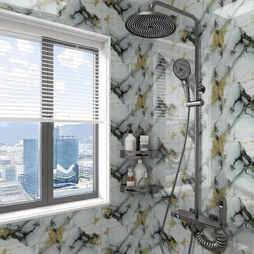Peel and Stick Tile Shower Waterproof Marble Tiles Wall Panels, 11.8"x11.8" Self-Adhesive Backsplash Tile, 20 Pack - color: Gold with Gray, size: 20 Pack
