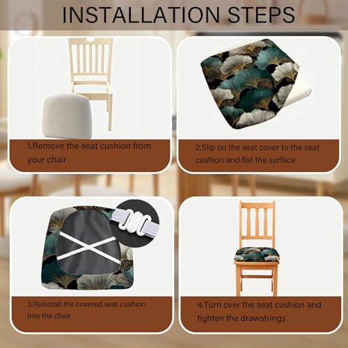 Chair Seat Covers - Waterproof Stretch Printed Dining Room Chair Cover with Elastic Ties Removable Washable Dining Upholstered Chairs Protector (Ginkgo Leaves, Four-Piece Set) - color: Ginkgo Leaves, size: Four-piece set