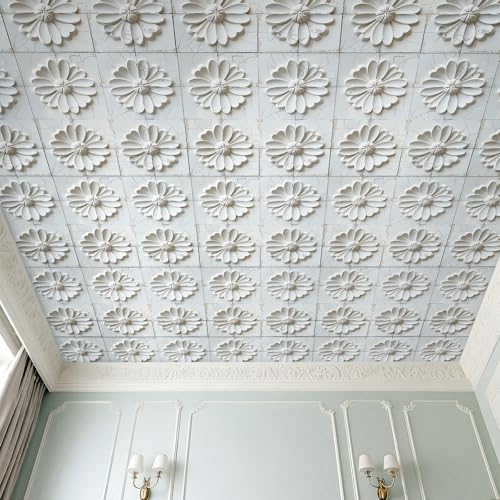 Livelynine 3D White Floral Peel and Stick Wallpaper for Kitchen Backsplash Wallpaper Self Adhesive Bathroom Wall Tile Contact Paper Waterproof Removable Ceiling DIY Accent Covering Panels 17.5x78.8 - size: 17.5" x 78.8"