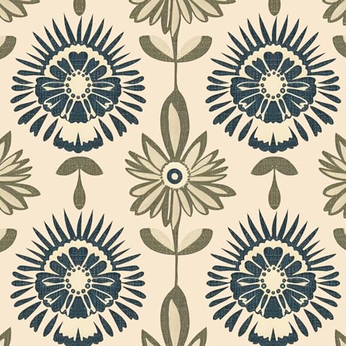 BOKEBEVE Boho Floral Peel and Stick Wallpaper Beige Blue 17.5 x 787In - color: Dark Beige/Blue/Green, size: 17.5" x 787"