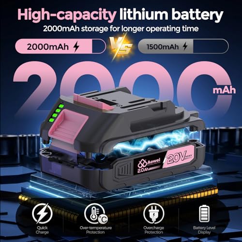 20V Brushless Cordless Drill Set (2-Piece) - Compact Power Drill Driver with 2.0Ah Battery, Power Drill Set with Battery and Charger & 3/8" Keyless Chuck,Pink - color: Pink 2-piece Set