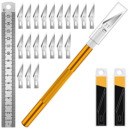 DIYSELF Hobby Knife Kit with 20#11 Blades, Aluminum Handle, 6-Inch Ruler - color: Gold-20pcs