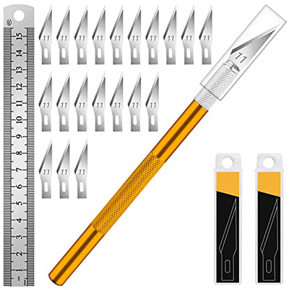 DIYSELF 1 Pcs Craft Knife Hobby Knife with 20 Pcs Stainless Steel Blades Kit and Blue Cutting Mat 6in×8in (Gold)