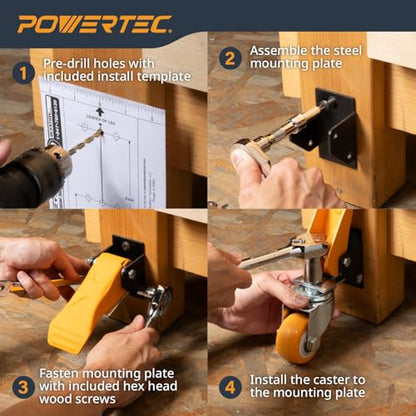 POWERTEC 2-1/2" Workbench Caster Kit – Set of 4 Retractable Stepdown Wheels, 600 lb Capacity for Workbenches, Tables, Stands & Equipment (17224) - size: 2-1/2"