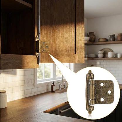 4 Pack (2 Pairs) Antique Brass Cabinet Hinges, 1/2 Inch Overlay Self-Closing Hinges for Kitchen Cupboard Cabinet Doors, Semi-Concealed Face Frame Mount Hardware - color: Antique Brass