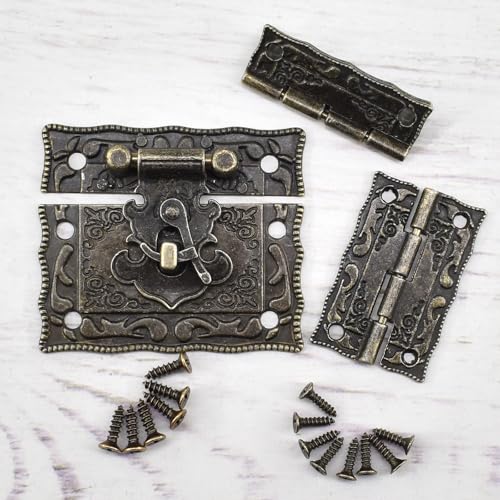 4 Sets Antique Engraved Hook Latch Hasp Hinges with Screws Kit Embossing European Gothic Style for Jewelry Wood Box Cases Repairing and Decoration, Bronze, S-hing-s4