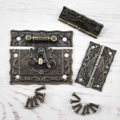 4 Sets Antique Engraved Hook Latch Hasp Hinges with Screws Kit Embossing European Gothic Style for Jewelry Wood Box Cases Repairing and Decoration, Bronze, S-hing-s4