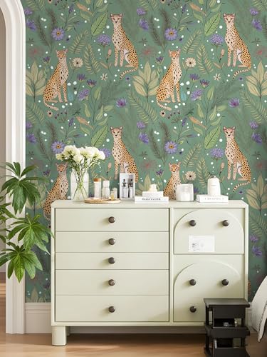 Floralplus Cheetah Peel and Stick Wallpaper Sage Green Wallpaper - color: Sage Green, size: 17.5" x 118"