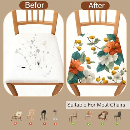 Chair Seat Covers - Waterproof Stretch Printed Dining Room Chair Cover with Elastic Ties Removable Washable Dining Upholstered Chairs Protector (White, Four-piece Set) - color: White, size: Four-piece set
