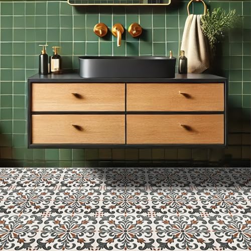 HOMETITUTE Baroque Green Brown Embossed Peel Stick Floor 12"x12" - color: Green#2