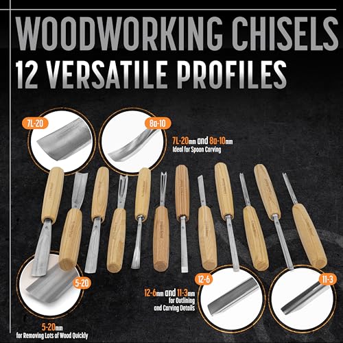 Schaaf Wood Carving Tools 12-pc Wood Chisel Set with Gouges, Cr-V 60 Steel - color: 12 Piece Set
