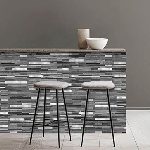 AULIGET 20 Sheets Peel and Stick Backsplash, Black & Grey Wood Look PVC Mixed Metal Stick on Backsplash Tiles for Kitchen - color: Black Grey Wood + Metal Silver, size: 20 Sheets, 6"x12"x0.12"