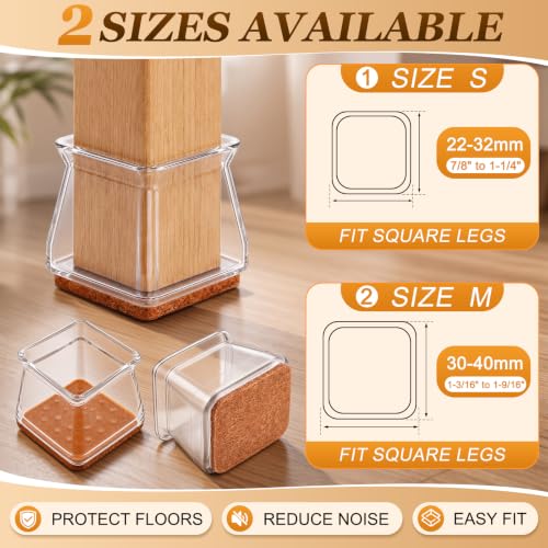 Wenqik 100 Pcs Square Chair Leg Floor Protectors Silicone Chair Leg Covers with Felt Pads Furniture Foot Cap for Hardwood Floors, Reduce Noise, Tile Wood Floor Protection Fit 1-3/16" to 1-9/16" - size: Medium