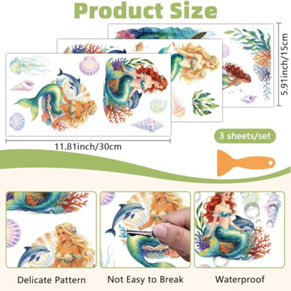 3 Sheets Mermaid Rub on Transfers Stickers for Furniture 6"x12" - color: Mermaid