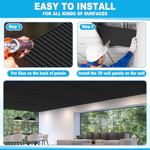 Nuanchu 18 Pack 4x2 FT 3D Slat Wall Panels Large PVC Fluted Panel Decorative Cuttable Glue up Drop Ceiling Tiles for Interior Wall Art Living Room Bedroom Bathroom TV Background Studio(Black)