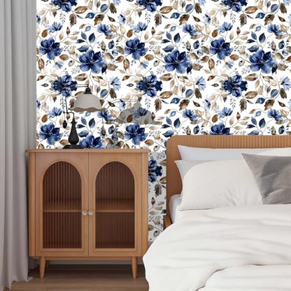 Modern Blue Floral Peel and Stick Wallpaper 17.7"x 70.7" - color: Blue/Brown, size: 17.7" x 70.8"