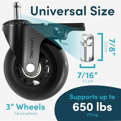 Lifelong Brake Office Chair Wheels Replacement, Heavy Duty, Black, 5-Pack - color: Black - Brake, size: 3 Inch
