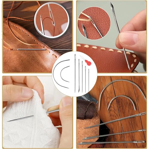 Pikdmin 7+1 Pcs Heavy Duty Hand Sewing Needles Kit, 5 Leather Hand Sewing Needle 2 Curved Needle and 1 pcs Needle threaders for Home Upholstery,Leather Needles for Hand Sewing,Carpet Canvas Repair - size: 8PCS&7SIZE