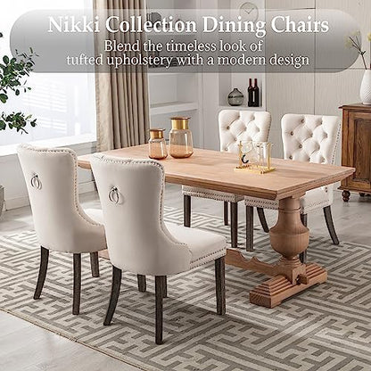 Beige Velvet Dining Chairs Set of 2, Elegant Tufted & Nailhead, Wood Legs - color: Beige, Wood Leg, size: set of 2