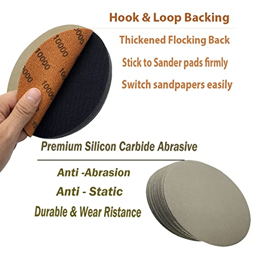 3000 4000 5000 7000 10000 Grit Wet Dry Sandpaper, 25 PCS 6 Inch Silicon Carbide Hook & Loop Sanding Disc for Auto Metal Wood Daily Polishing - style: 6in-25pcs(Grit 3000-10000)