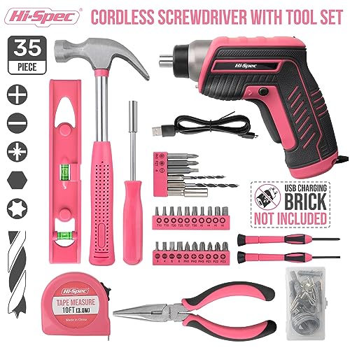 Hi-Spec 3.6V USB Electric Screwdriver for Home Repairs and Assembly, Pink - color: Pink, size: 35 Pieces
