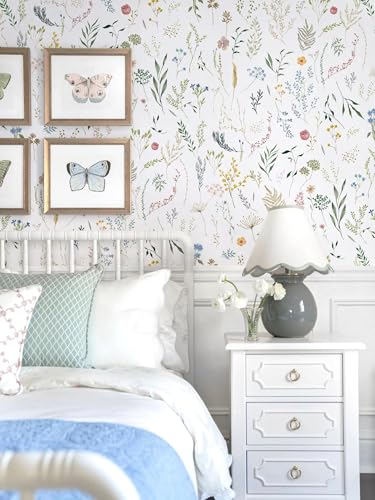 Dimoon 236"x16.1" Floral Peel and Stick Wallpaper White Contact Paper Thicken Wallpaper Delicate Flower Waterproof Green Leaf White Self Adhesive Removable Wall Paper Shelf Liner Vinyl Roll - color: White-Smooth, size: 16.1" x 236"