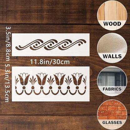 Border Stencil 6pcs Reusable Plastic Templates 12inch Craft Paint Template Stencils Painting on Wood Furniture Wall Canvas Floor
