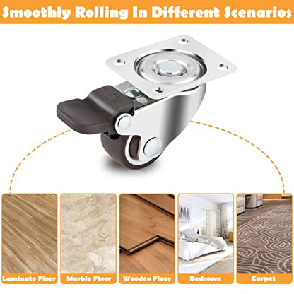 HOWDIA 1.5" Caster Wheels Low Profile Casters Set of 4 Heavy Duty, 360 Degree Rotation Furniture Casters Top Plate Soft Rubber Wheels for Furniture, 150 Lb Total Capacity(2 with Brakes & 2 Without) - style: 1.5" Square